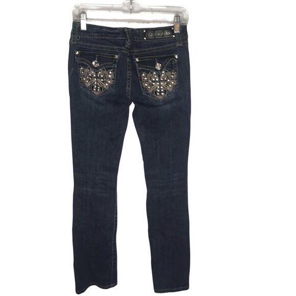 LA Idol Jeans Womens Size 5 Embellished Rhinestone Flap Pockets W29 L34 - Picture 1 of 16